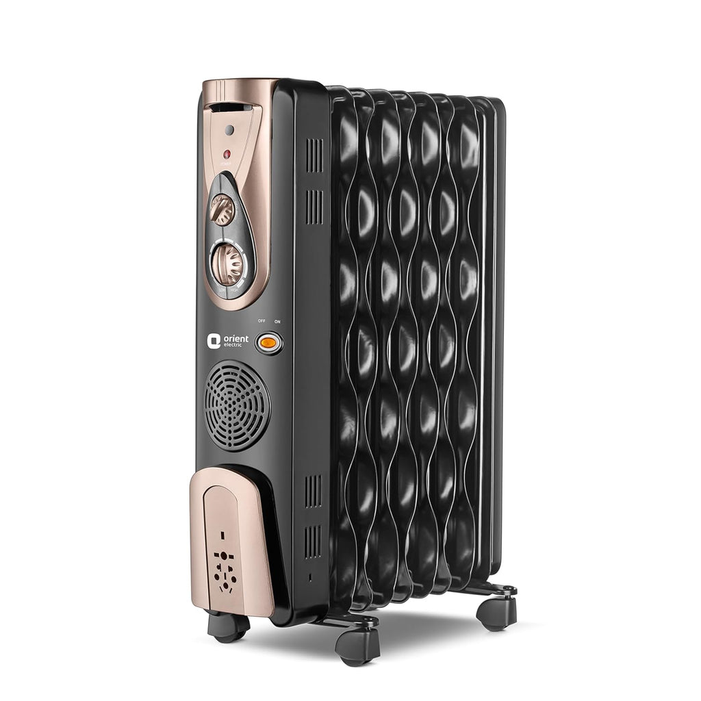 Orient Electric 9 Fin Oil Filled Radiator | 2400W | Advanced S- Shaped Fins | Overheat Protection| 3 Heat Setting | Portable | 2-year warranty by Orient | Black-Gold