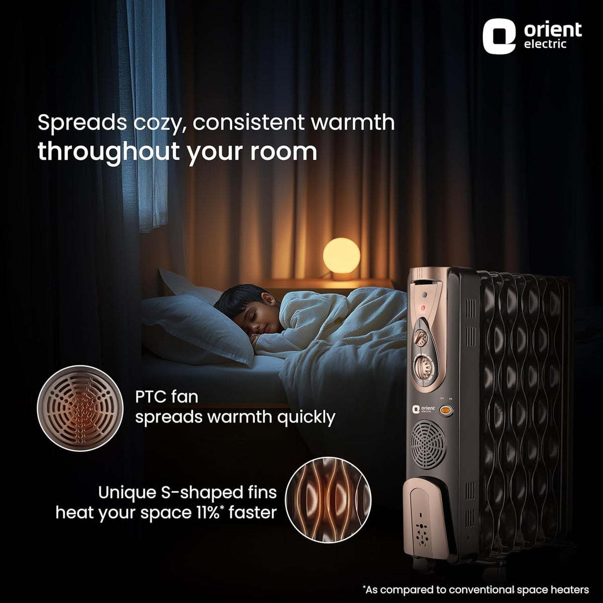 Orient Electric 9 Fin Oil Filled Radiator | 2400W | Advanced S- Shaped Fins | Overheat Protection| 3 Heat Setting | Portable | 2-year warranty by Orient | Black-Gold
