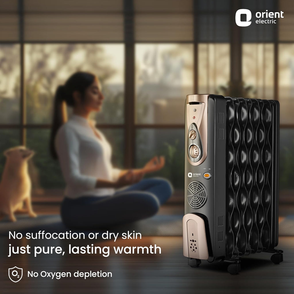 Orient Electric 9 Fin Oil Filled Radiator | 2400W | Advanced S- Shaped Fins | Overheat Protection| 3 Heat Setting | Portable | 2-year warranty by Orient | Black-Gold