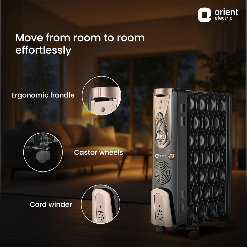 Orient Electric 9 Fin Oil Filled Radiator | 2400W | Advanced S- Shaped Fins | Overheat Protection| 3 Heat Setting | Portable | 2-year warranty by Orient | Black-Gold
