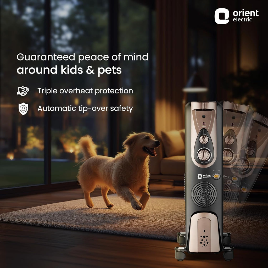 Orient Electric 9 Fin Oil Filled Radiator | 2400W | Advanced S- Shaped Fins | Overheat Protection| 3 Heat Setting | Portable | 2-year warranty by Orient | Black-Gold