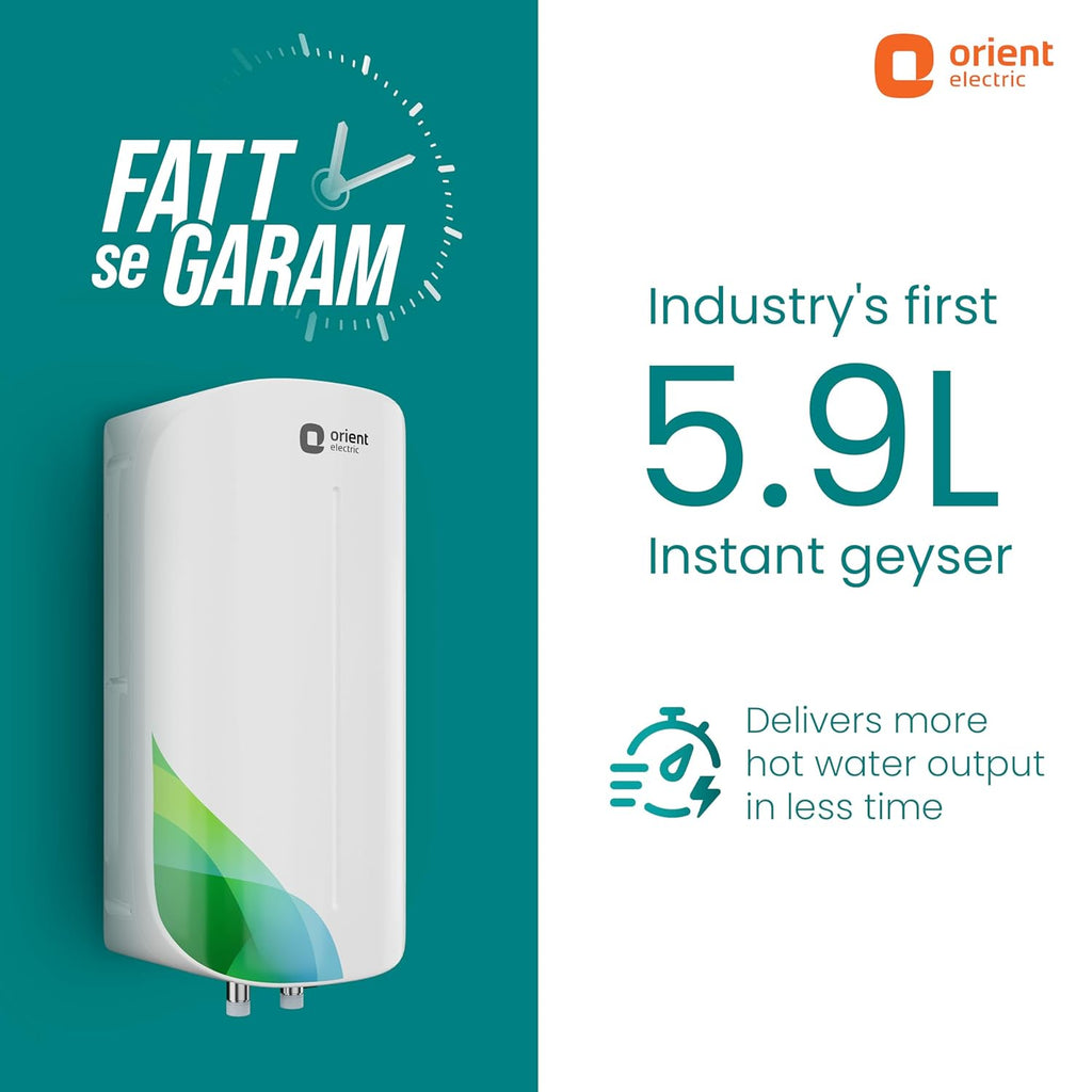 Orient Electric Aura Rapid Pro Geyser 5.9 Litre Instant Water Heater | 3000 W Powerful Heating | Suitable For Kitchen & Bathroom | 5 Year Inner Tank Warranty by Orient | High-rise Compatible| White
