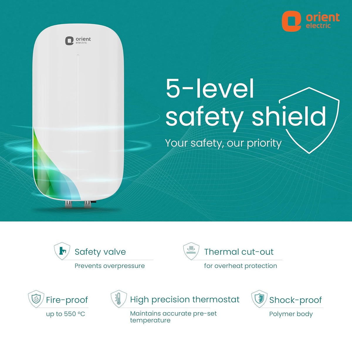 Orient Electric Aura Rapid Pro Geyser 5.9 Litre Instant Water Heater | 3000 W Powerful Heating | Suitable For Kitchen & Bathroom | 5 Year Inner Tank Warranty by Orient | High-rise Compatible| White