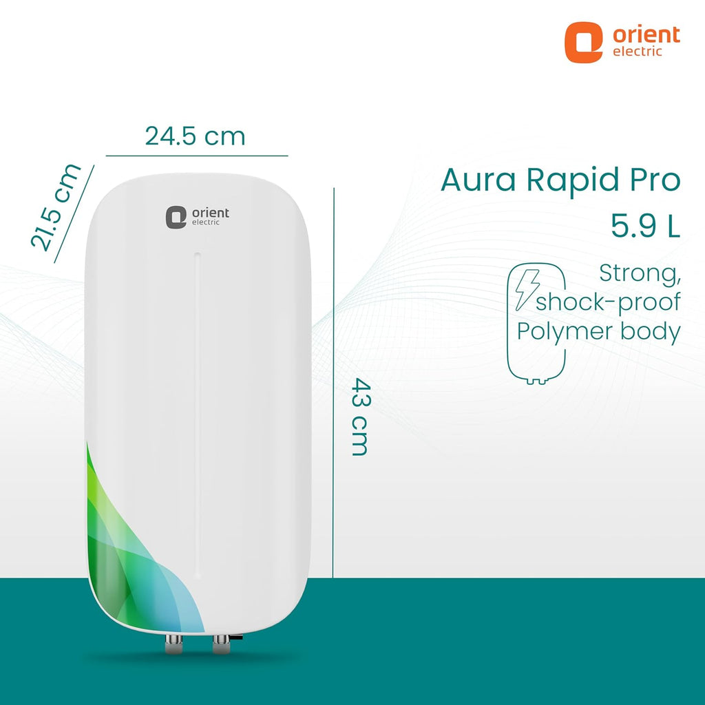 Orient Electric Aura Rapid Pro Geyser 5.9 Litre Instant Water Heater | 3000 W Powerful Heating | Suitable For Kitchen & Bathroom | 5 Year Inner Tank Warranty by Orient | High-rise Compatible| White
