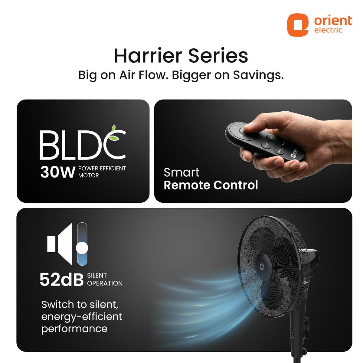 Orient Electric Harrier BLDC Stand Fan with Remote | Energy Saving Fan, Whisper Quiet 52 dB Operation | 90° Oscillation, Tilt & Height Adjustment | 2 Year Warranty, Black