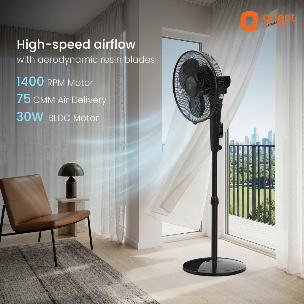 Orient Electric Harrier BLDC Stand Fan with Remote | Energy Saving Fan, Whisper Quiet 52 dB Operation | 90° Oscillation, Tilt & Height Adjustment | 2 Year Warranty, Black