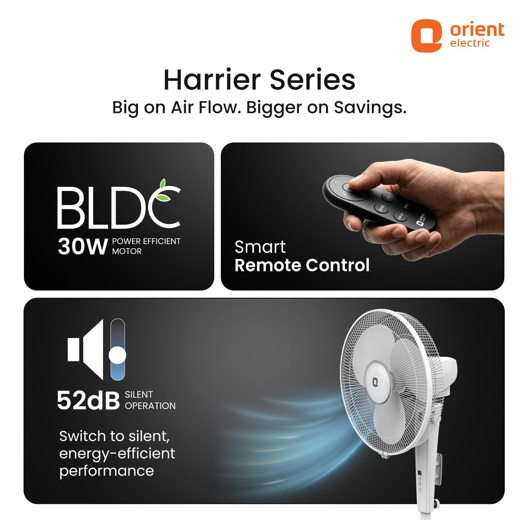 Orient Electric Harrier BLDC Stand Fan with Remote | Energy Saving Fan, Whisper Quiet 52 dB Operation | 90° Oscillation, Tilt & Height Adjustment | 2 Year Warranty, White