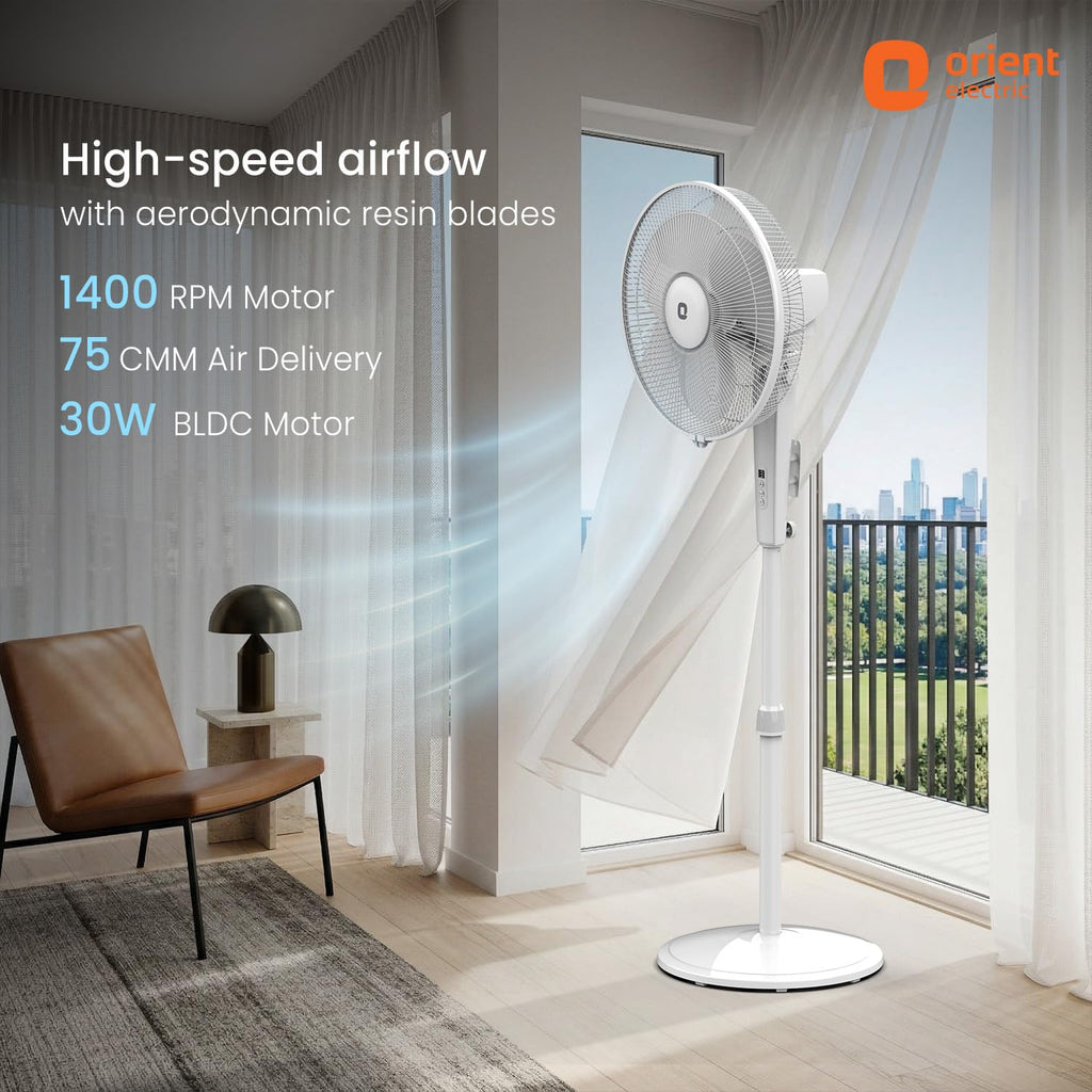 Orient Electric Harrier BLDC Stand Fan with Remote | Energy Saving Fan, Whisper Quiet 52 dB Operation | 90° Oscillation, Tilt & Height Adjustment | 2 Year Warranty, White