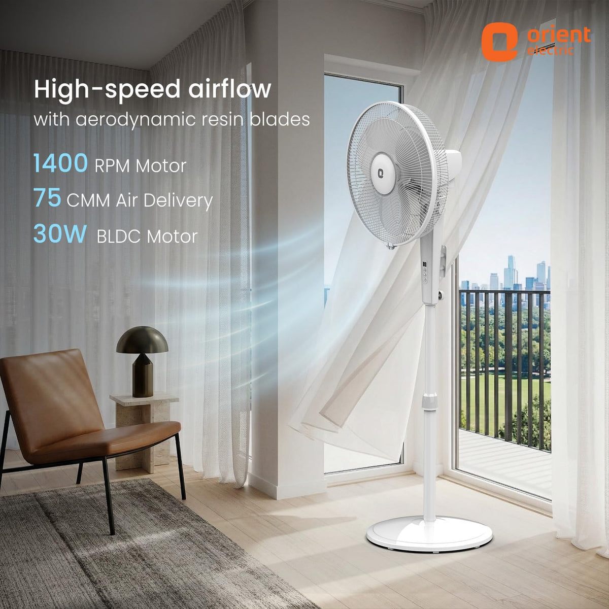 Orient Electric Harrier BLDC Stand Fan with Remote | Energy Saving Fan, Whisper Quiet 52 dB Operation | 90° Oscillation, Tilt & Height Adjustment | 2 Year Warranty, White