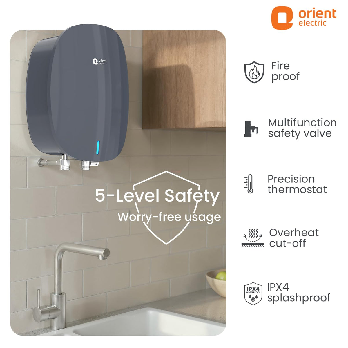 Orient Electric Instaflo Neo Geyser 3 Litre Instant Water Heater| Stainless Steel Tank| Red Dot Design Winner| High-rise Compatible| Shockproof, 6.5 Bar| 6 years tank warranty by Orient |Midnight Grey