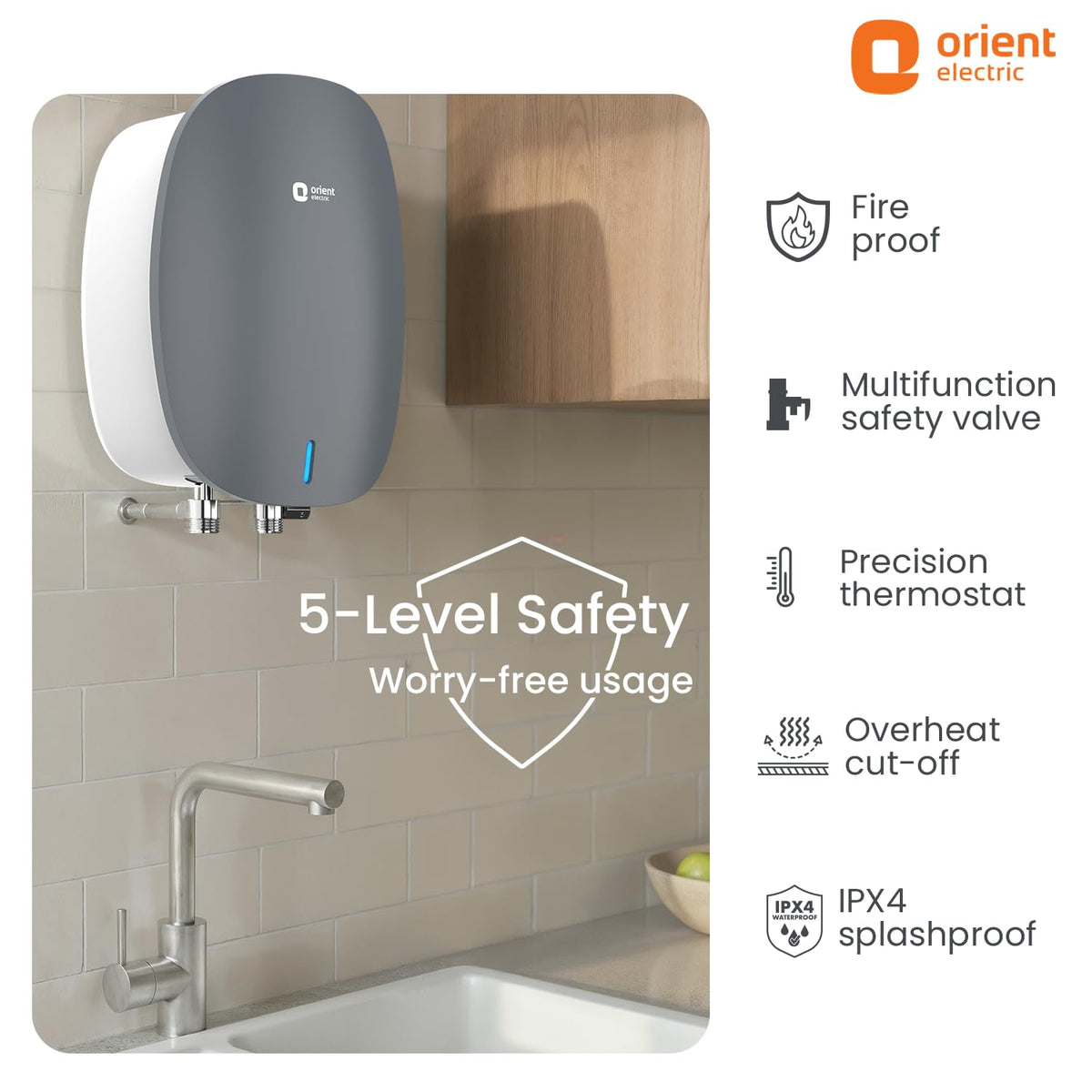 Orient Electric Instaflo Neo Geyser 3 Litre Instant Water Heater| Stainless Steel Tank | Red Dot Design Winner| High-rise Compatible | Shockproof, 6.5 Bar| 6 years tank warranty by Orient | Slate Grey