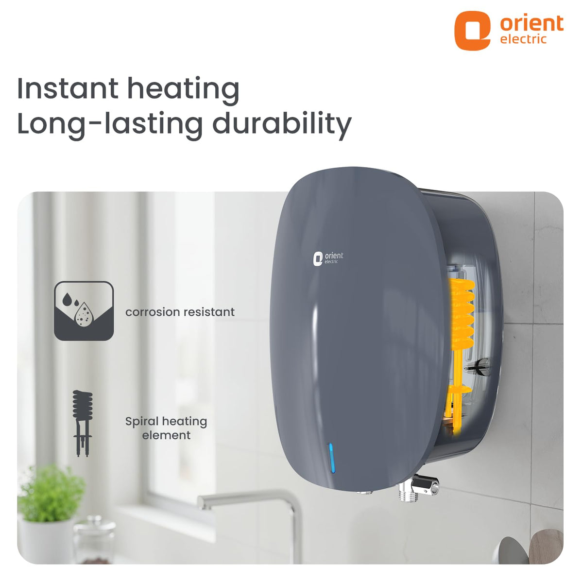 Orient Electric Instaflo Neo Geyser 3 Litre Instant Water Heater| Stainless Steel Tank| Red Dot Design Winner| High-rise Compatible| Shockproof, 6.5 Bar| 6 years tank warranty by Orient |Midnight Grey
