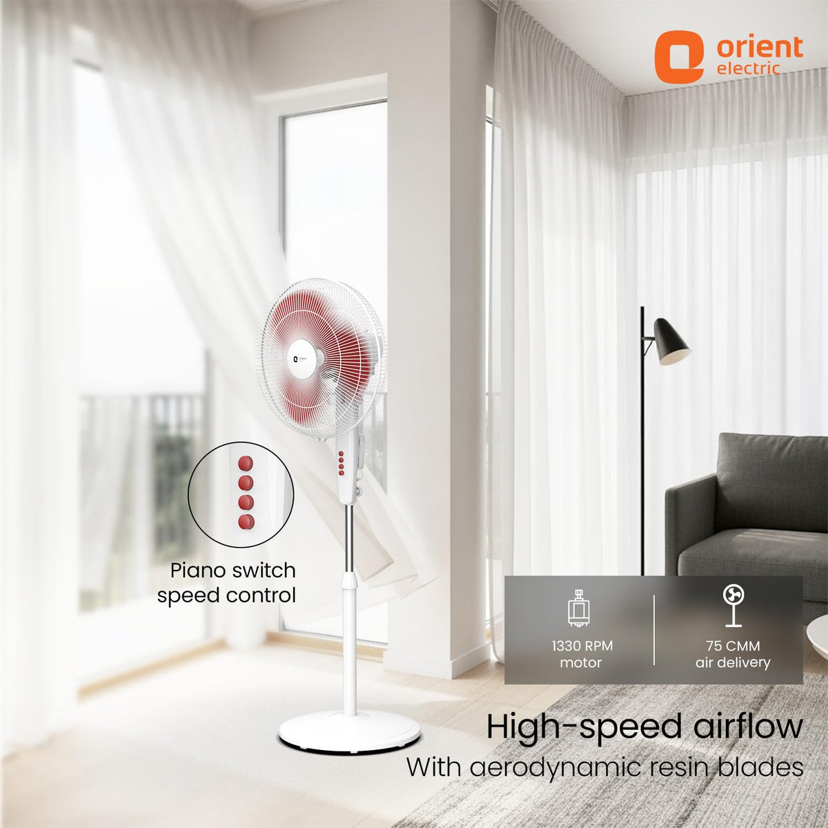 c | 100% Copper Motor, High Air Delivery | Millitary Grade Guard | 3 Speed Control, Adjustable Height| Stand Fan for Home |2 Year Warranty by Orient | Red
