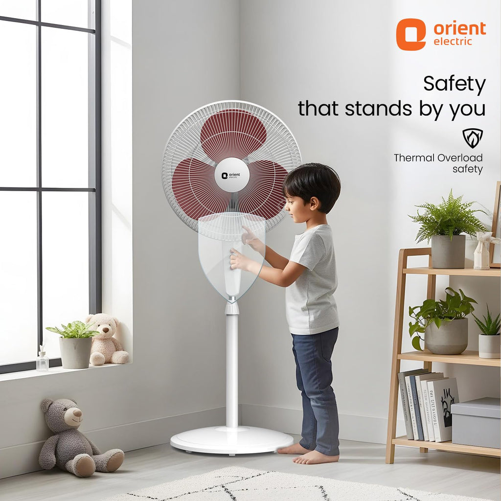 c | 100% Copper Motor, High Air Delivery | Millitary Grade Guard | 3 Speed Control, Adjustable Height| Stand Fan for Home |2 Year Warranty by Orient | Red