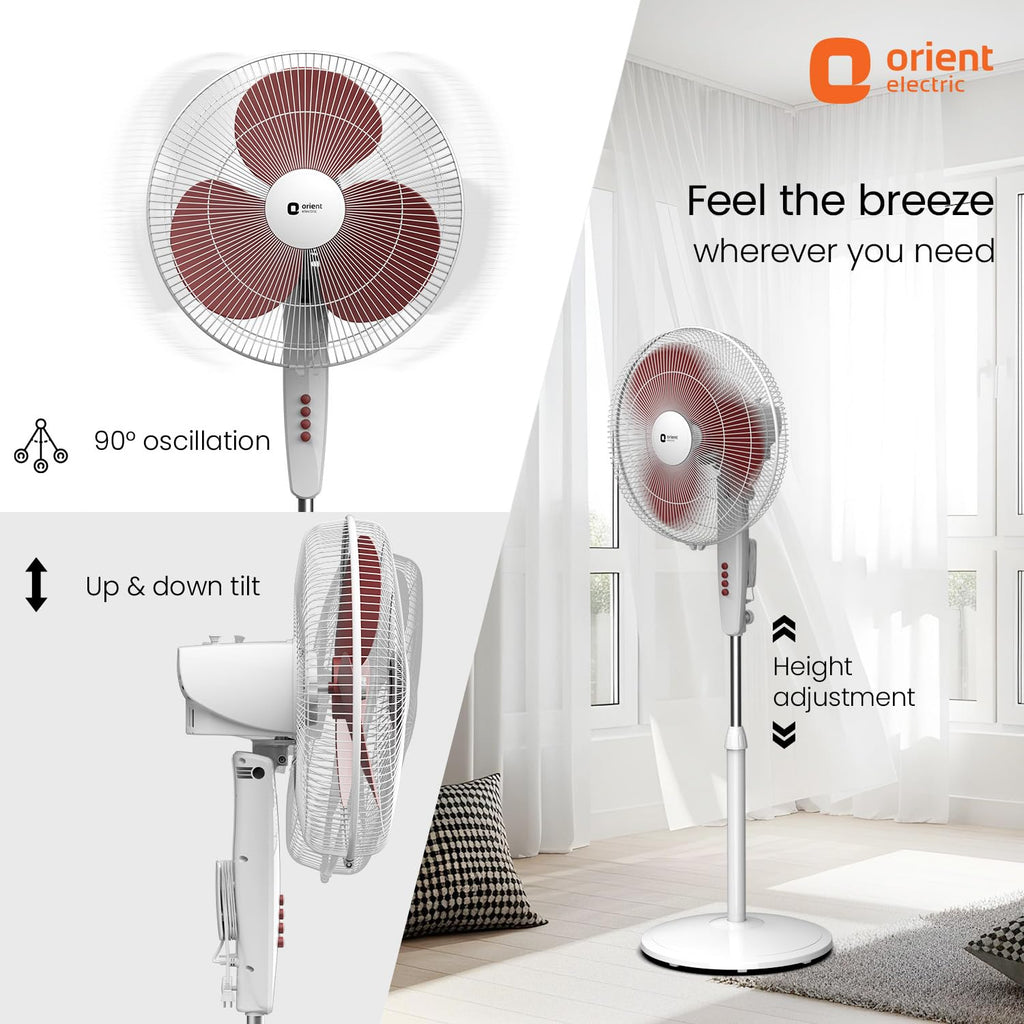 c | 100% Copper Motor, High Air Delivery | Millitary Grade Guard | 3 Speed Control, Adjustable Height| Stand Fan for Home |2 Year Warranty by Orient | Red