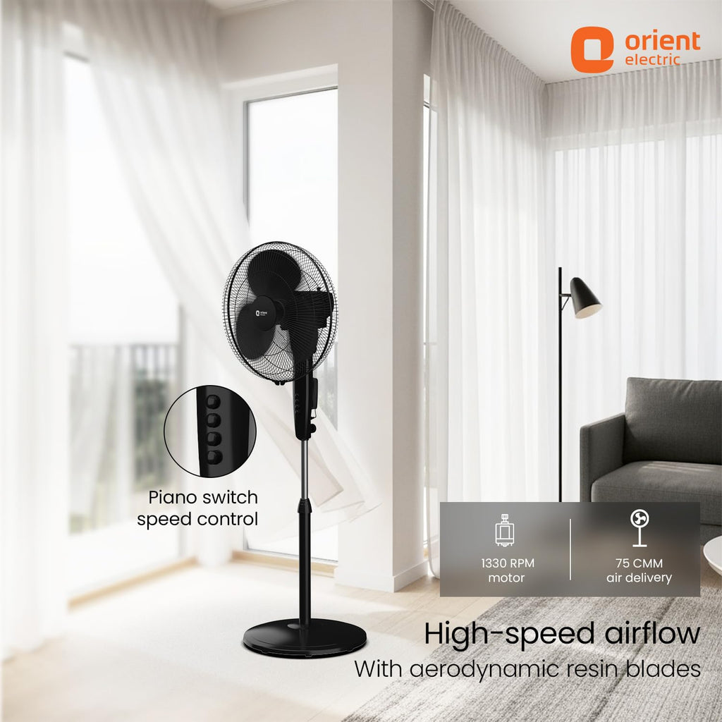 Orient Electric Stand 81 400 MM Pedestal Fans | 100% Copper Motor, High Air Delivery | Millitary Grade Guard | 3 Speed Control, Adjustable Height| Stand Fan for Home |2 Year Warranty by Orient |Black