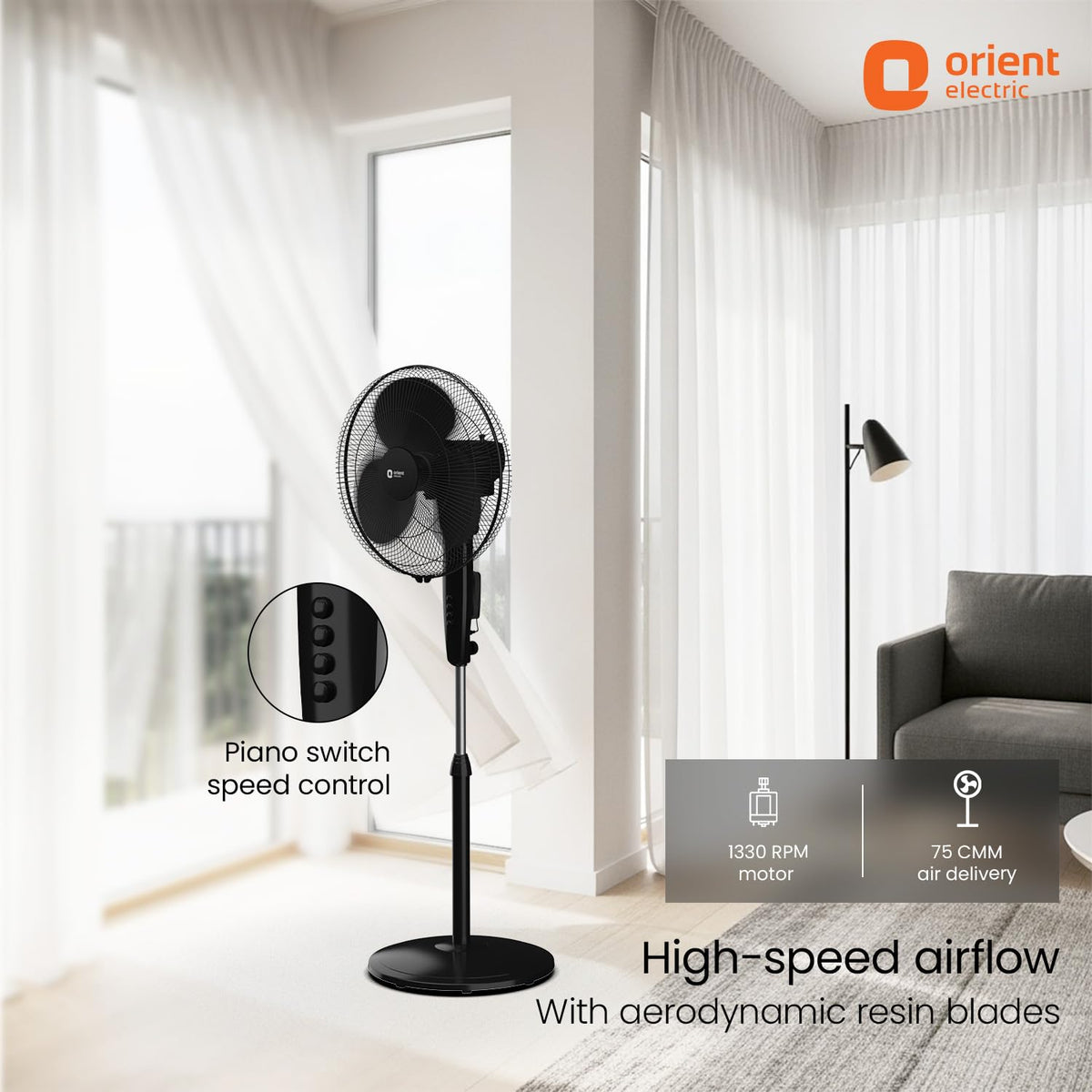 Orient Electric Stand 81 400 MM Pedestal Fans | 100% Copper Motor, High Air Delivery | Millitary Grade Guard | 3 Speed Control, Adjustable Height| Stand Fan for Home |2 Year Warranty by Orient |Black