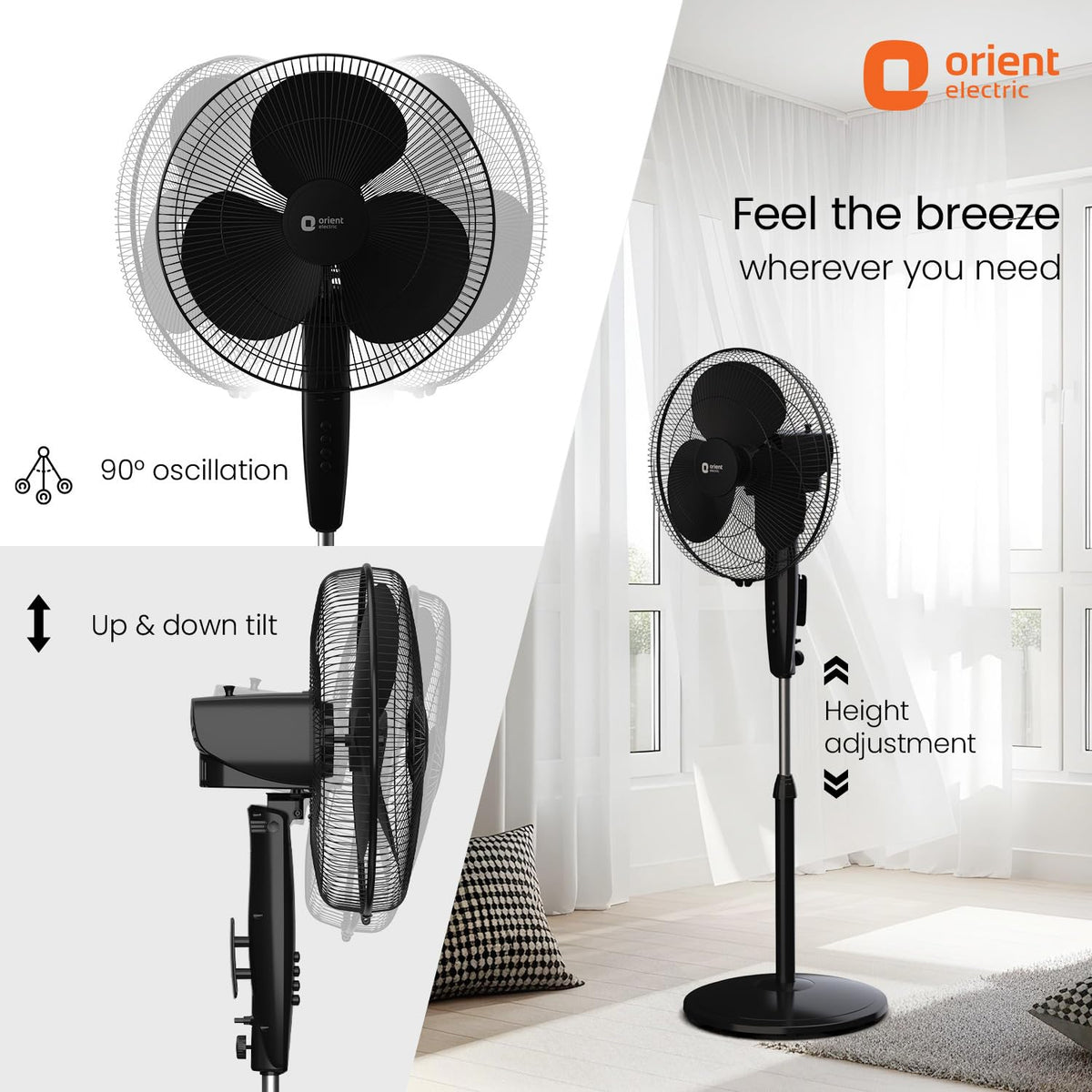 Orient Electric Stand 81 400 MM Pedestal Fans | 100% Copper Motor, High Air Delivery | Millitary Grade Guard | 3 Speed Control, Adjustable Height| Stand Fan for Home |2 Year Warranty by Orient |Black