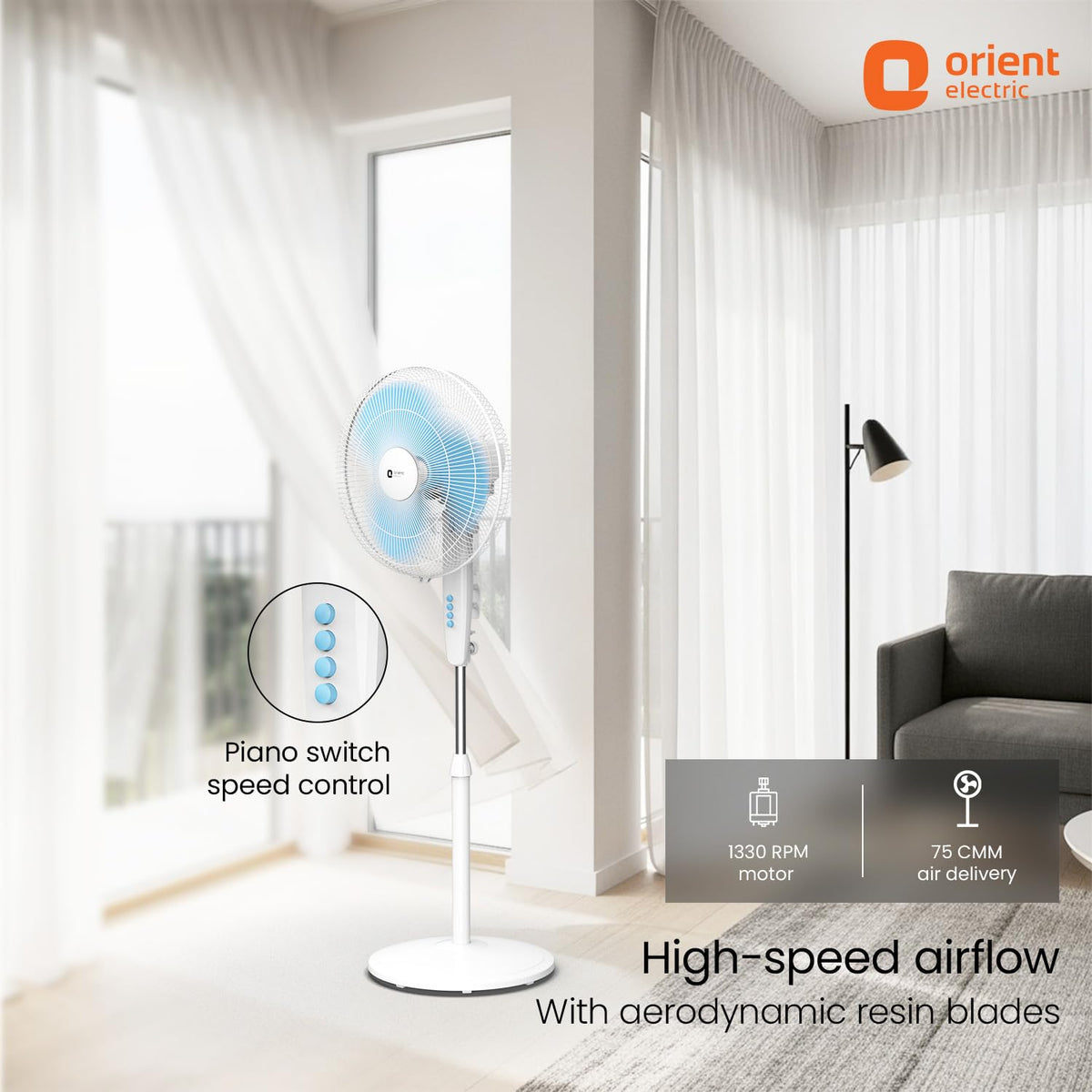 Orient Electric Stand 81 400 MM Pedestal Fans | 100% Copper Motor, High Air Delivery | Millitary Grade Guard | 3 Speed Control, Adjustable Height| Stand Fan for Home |2 Year Warranty by Orient | Blue