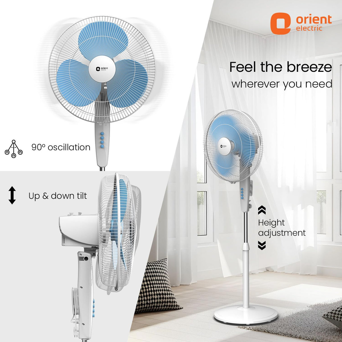 Orient Electric Stand 81 400 MM Pedestal Fans | 100% Copper Motor, High Air Delivery | Millitary Grade Guard | 3 Speed Control, Adjustable Height| Stand Fan for Home |2 Year Warranty by Orient | Blue