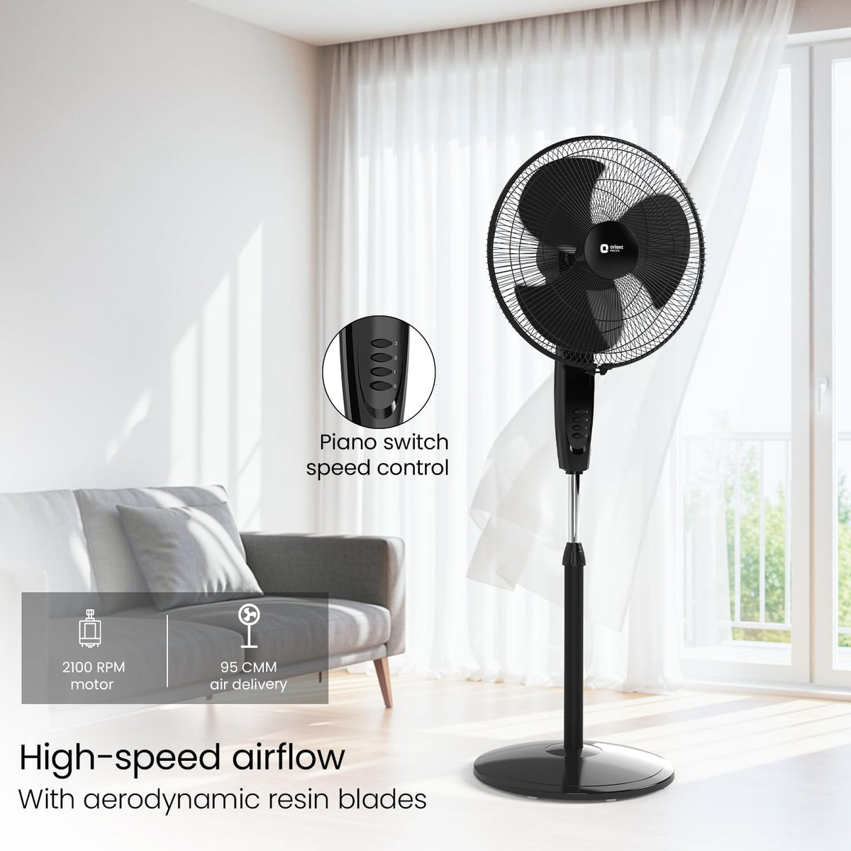 Orient Electric Stand 87 400 MM Pedestal Fans | 100% Copper Motor, High Air Delivery | Millitary Grade Guard | 3 Speed Control, Adjustable Height| Stand Fan for Home |2 Year Warranty by Orient |Black