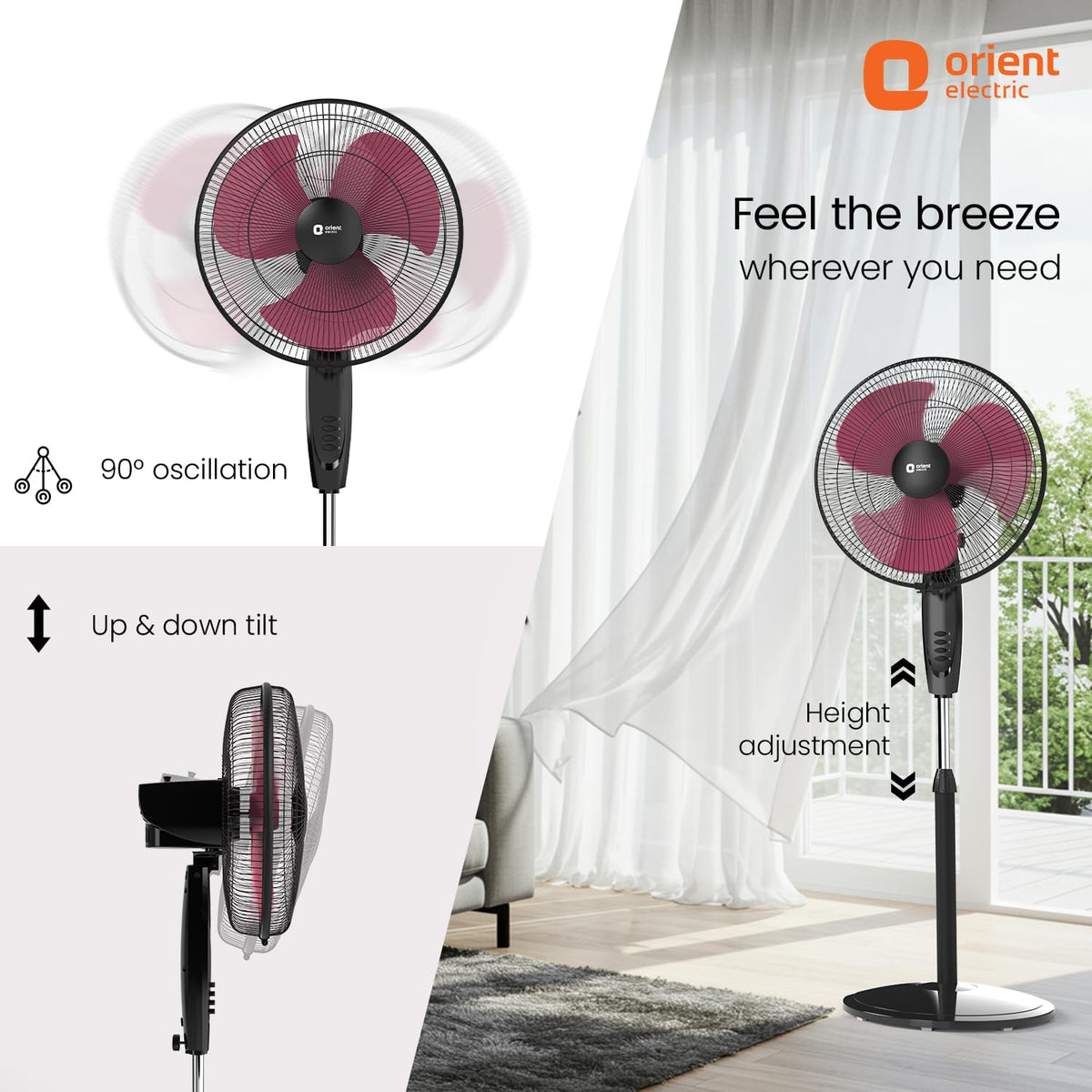 Orient Electric Stand 87 400 MM Pedestal Fans | 100% Copper Motor, High Air Delivery | Millitary Grade Guard | 3 Speed Control, Adjustable Height| Stand Fan for Home |2 Year Warranty by Orient | Red