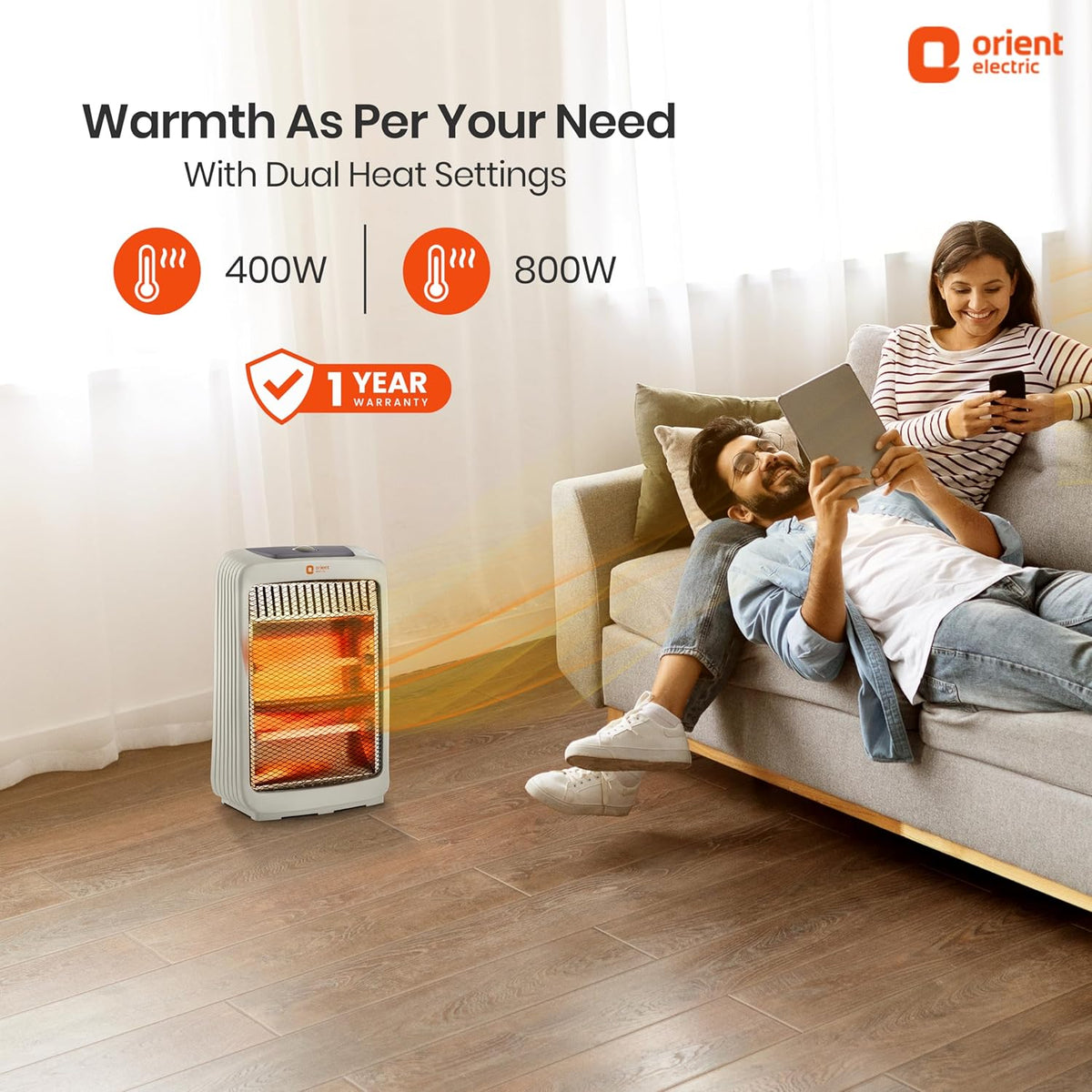 Orient Electric Stark Quartz Room Heater | 800 W Low Power Consumption | Tip-over Protection | 2 Heating Rods for Quick Heating | Cool Touch Body | 1 Year Warranty, White