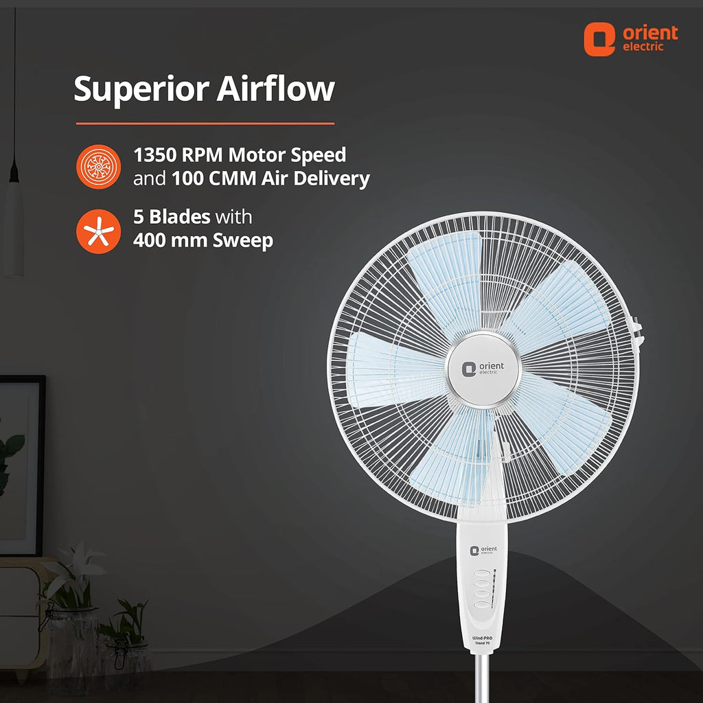Orient Electric | Wind Pro Stand-70 Pedestal Fan | Superior Air Delivery | Revolutionary CTX Technology | Strong, Powerful Motor | 400mm High-Speed Pedestal Fan | (Snow White)