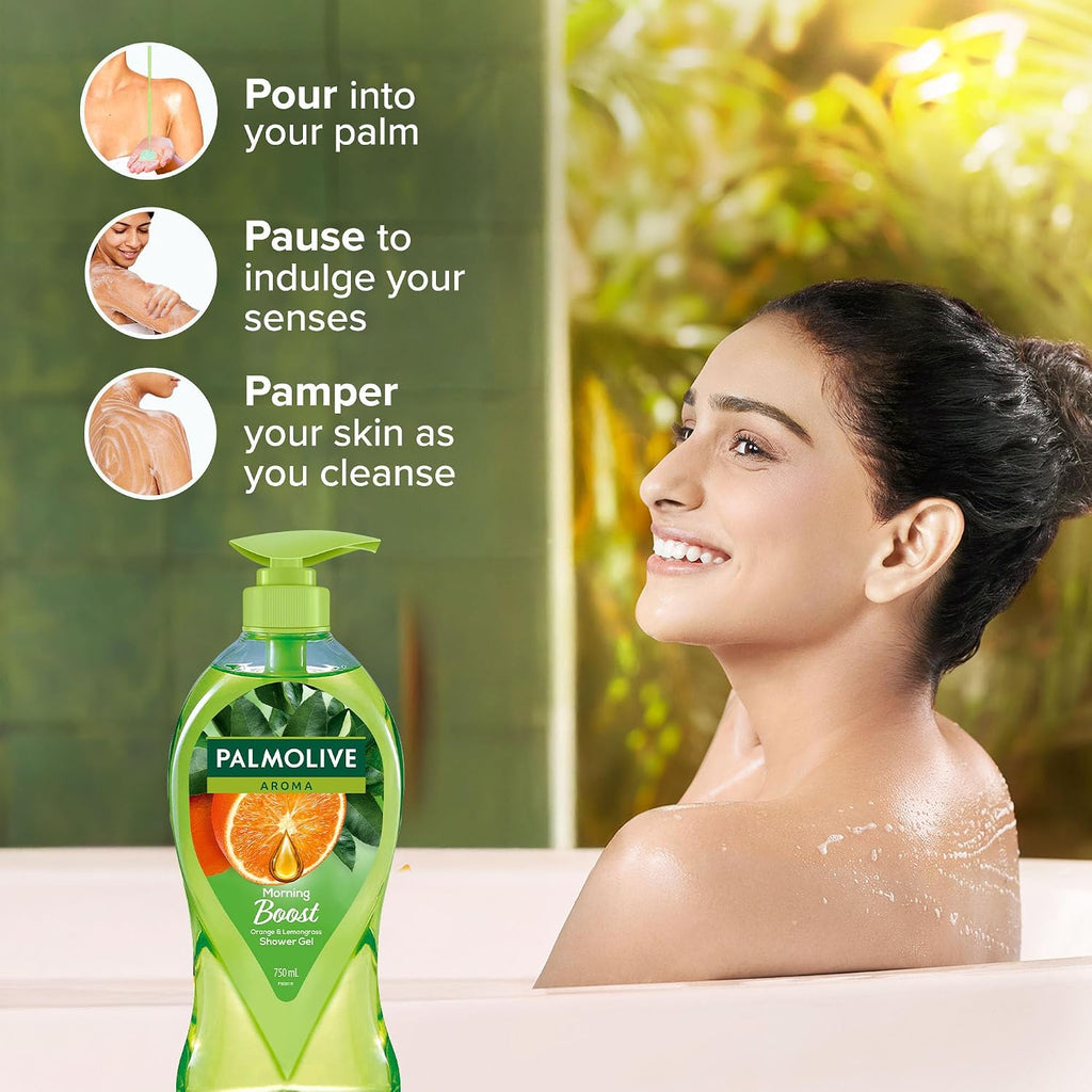 Palmolive Aroma Morning Tonic Body Wash, Gel Based Shower Gel with 100% Natural Citrus Essential Oil & Lemongrass Extracts - pH Balanced, No Parabens, No Silicones, 750ml Pump