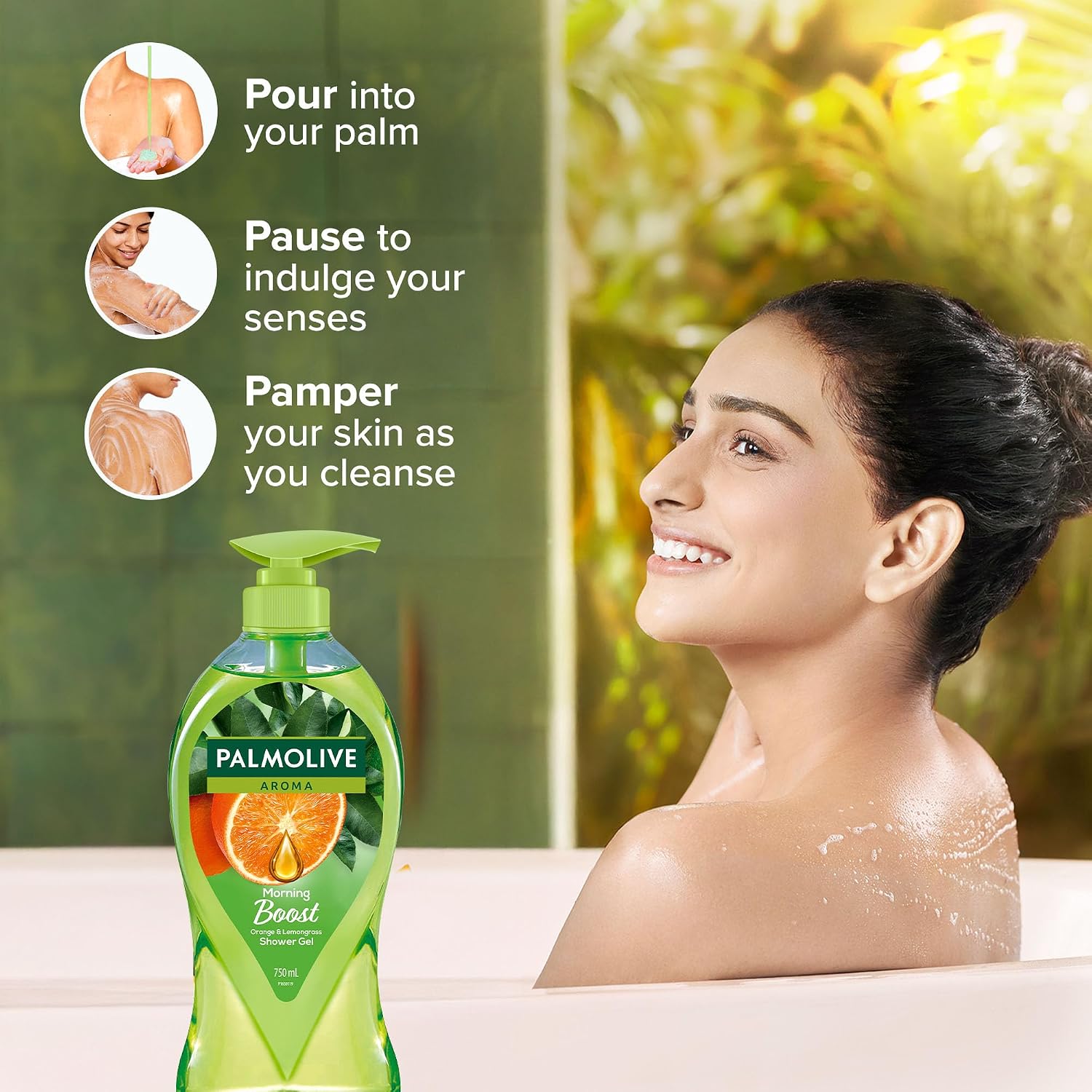 Palmolive Aroma Morning Tonic Body Wash, Gel Based Shower Gel with 100% Natural Citrus Essential Oil & Lemongrass Extracts - pH Balanced, No Parabens, No Silicones, 750ml Pump