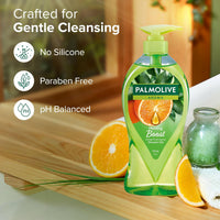 Palmolive Aroma Morning Tonic Body Wash, Gel Based Shower Gel with 100% Natural Citrus Essential Oil & Lemongrass Extracts - pH Balanced, No Parabens, No Silicones, 750ml Pump