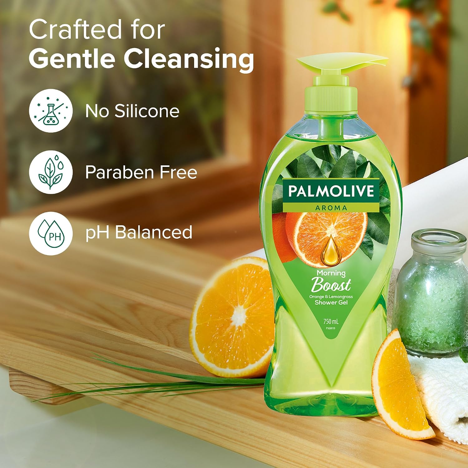 Palmolive Aroma Morning Tonic Body Wash, Gel Based Shower Gel with 100% Natural Citrus Essential Oil & Lemongrass Extracts - pH Balanced, No Parabens, No Silicones, 750ml Pump