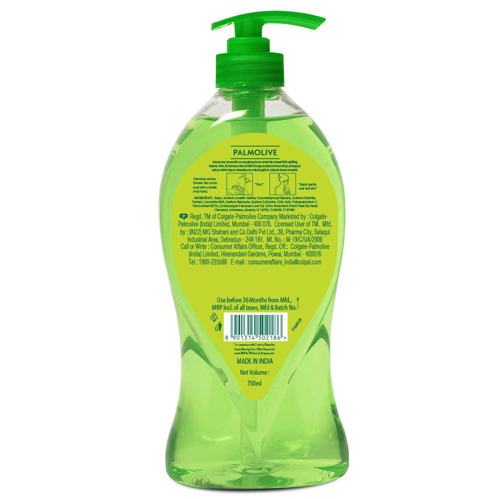 Palmolive Aroma Morning Tonic Body Wash, Gel Based Shower Gel with 100% Natural Citrus Essential Oil & Lemongrass Extracts - pH Balanced, No Parabens, No Silicones, 750ml Pump