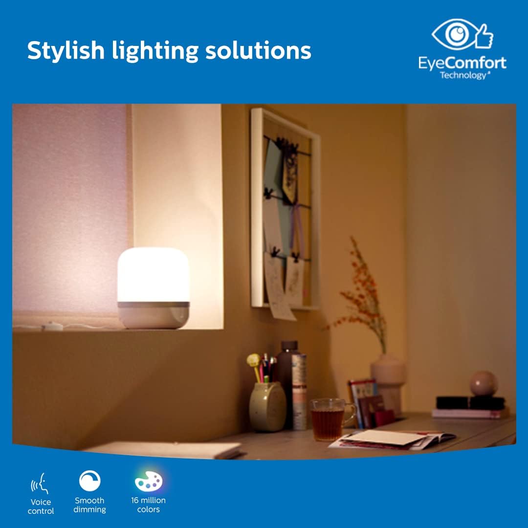 PHILIPS 10W Wi-Fi Smart LED Table Lamp with Music Sync, Voice Control & Dimmable Feature | Color Changing Bedside Lamp for Home & Decoration | Alexa & Google Assistant Compatible | Multicolor (Hero)