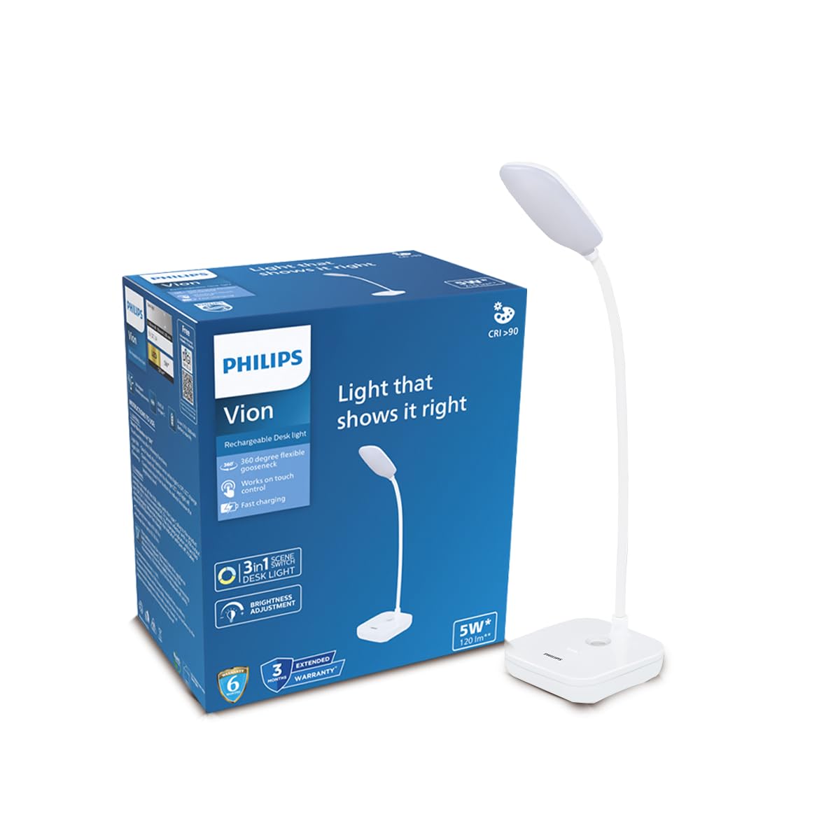 PHILIPS 5W VION White LED Desk Light | 3-in-1 Study & Table Lamp | EyeComfort Technology | Adjustable Design | Energy Efficient LED Lamp for Study, Work & Reading | Pack of 1