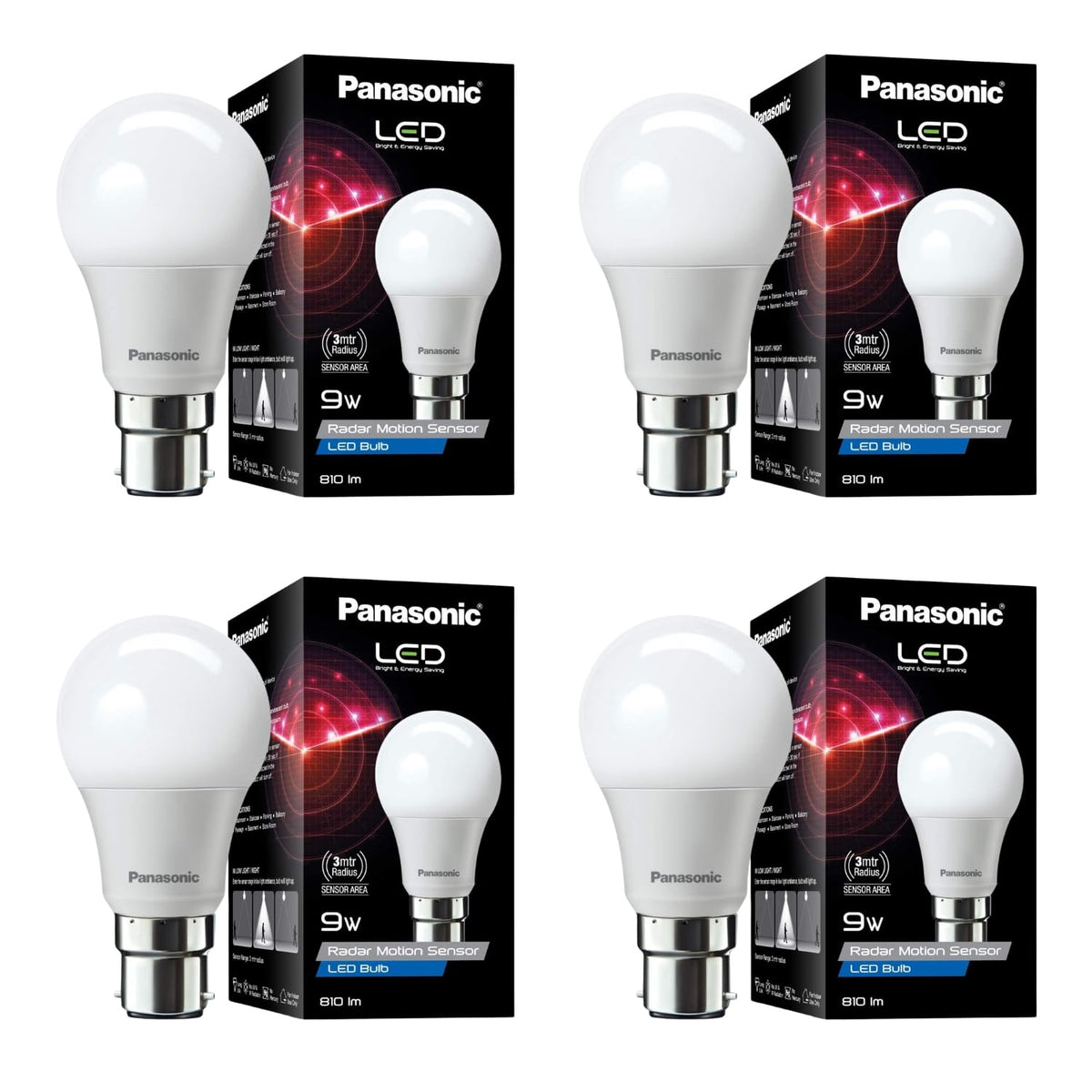 Panasonic 9 Watt Motion Sensor B22 Led Bulb for Home with 3 Mtr Radius Sensor Area, Auto Off After 15 Sec, 1 Yr Warranty (Pk4)