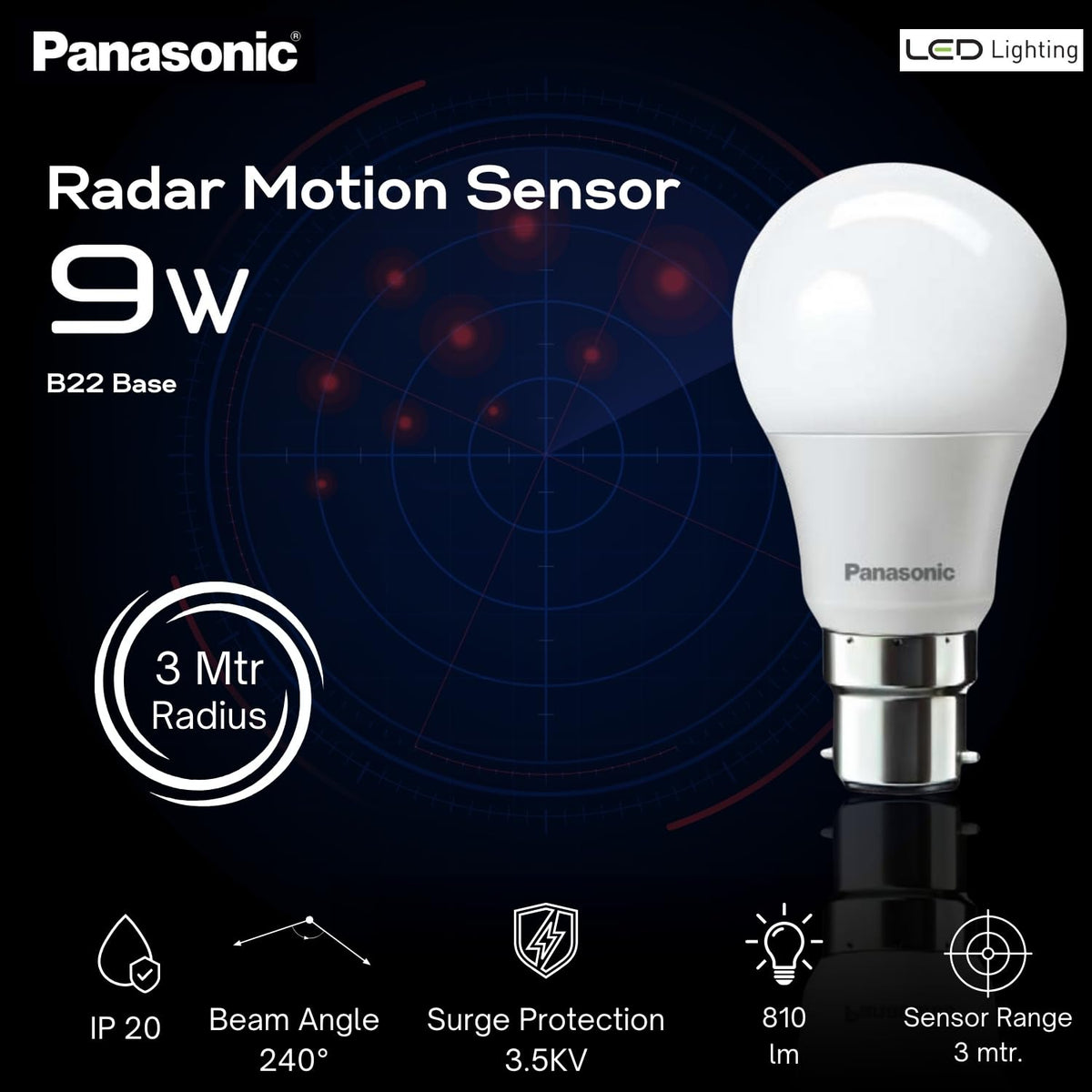Panasonic 9 Watt Motion Sensor Led B22D Bulb for Home with 3 Mtr Radius Sensor Area, Auto Off After 15 Sec Comes and 1 Yr Warranty (Pack of 10)