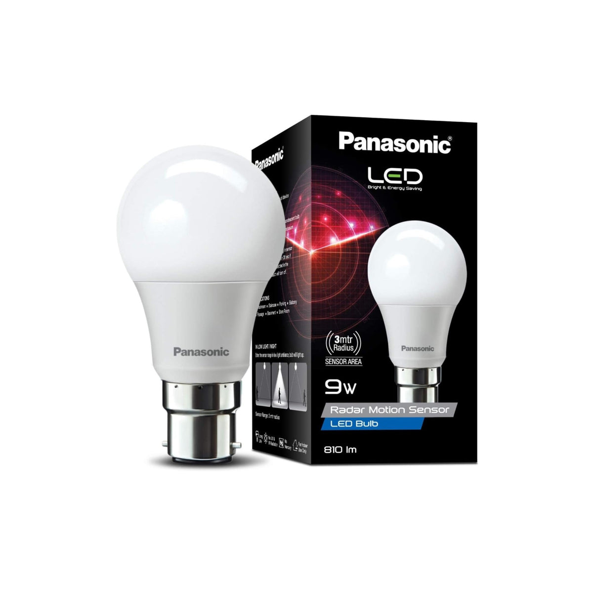 Panasonic 9 Watt Motion Sensor Led B22D Bulb for Home Panasonic 9 Watt Motion Sensor Led B22D Bulb for Home, Auto Off After 15 Sec, 1 Yr Warranty
