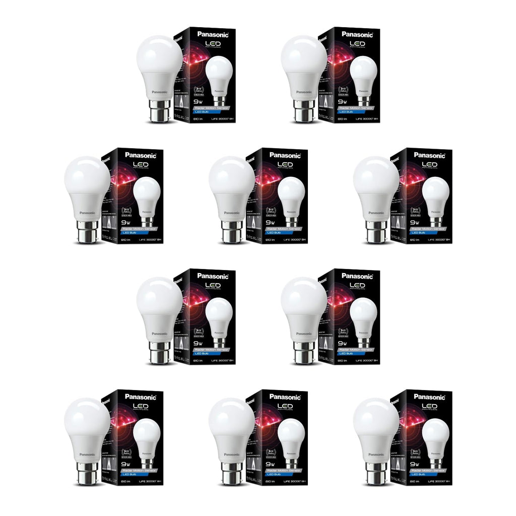 Panasonic 9 Watt Motion Sensor Led B22D Bulb for Home with 3 Mtr Radius Sensor Area, Auto Off After 15 Sec Comes and 1 Yr Warranty (Pack of 10)