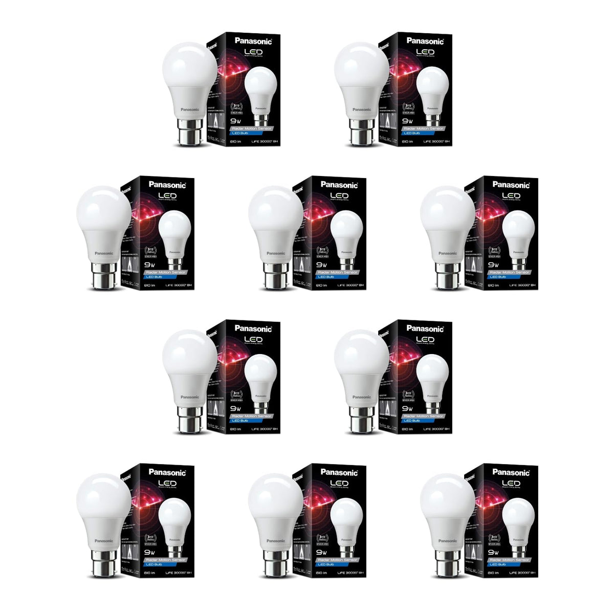 Panasonic 9 Watt Motion Sensor Led B22D Bulb for Home with 3 Mtr Radius Sensor Area, Auto Off After 15 Sec Comes and 1 Yr Warranty (Pack of 10)