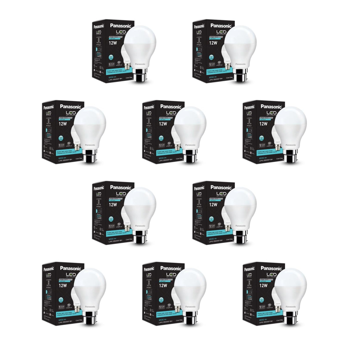 Panasonic Dura Saver 12W Bulb, B22 LED Bulb Base For Home & Office, 1 Year Warranty, Energy Efficiet, 6500K Cool Daylight (Pack of 10)