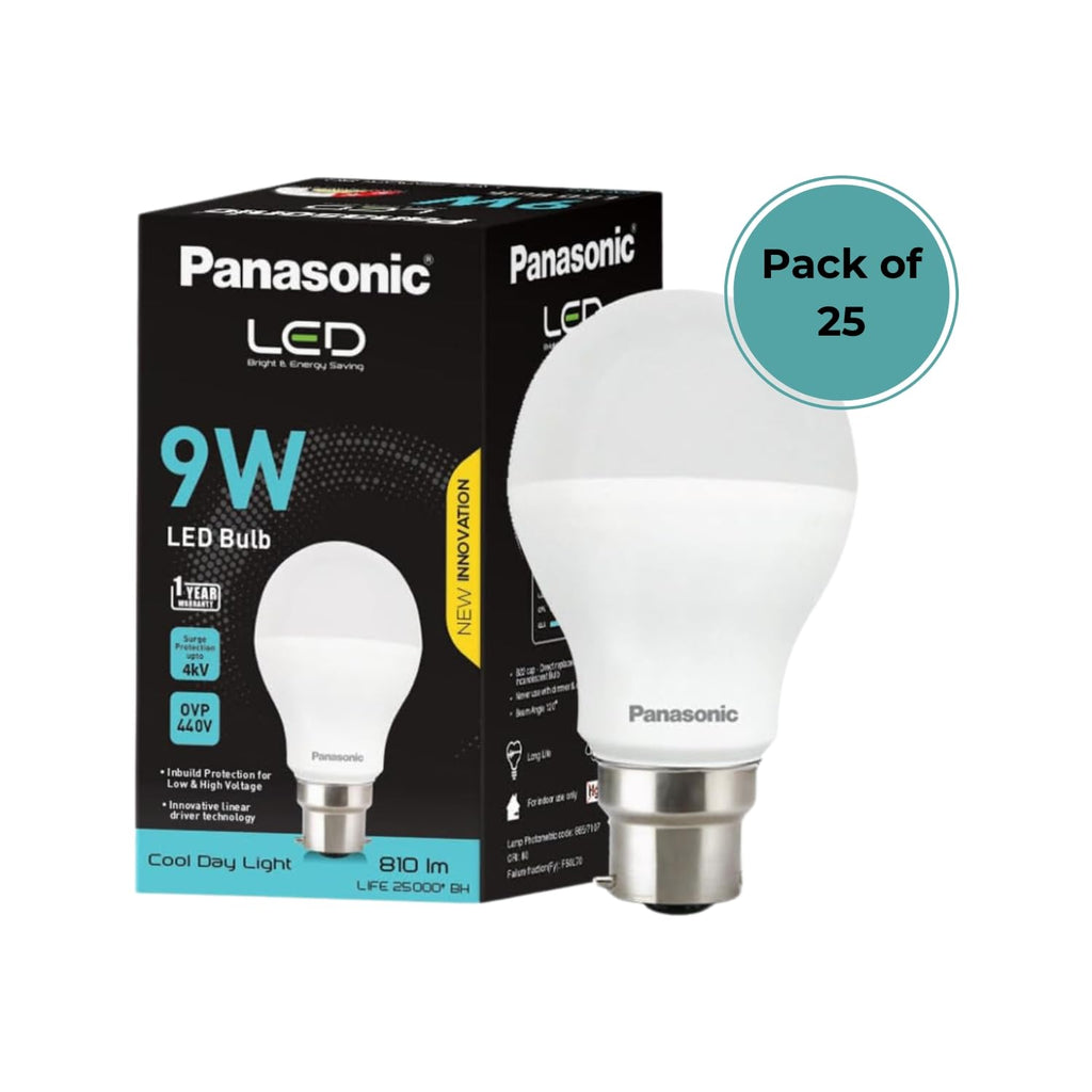 Panasonic Dura Saver 9W Bulb, B22 LED Bulb Base For Home & Office, 1 Year Warranty, Energy Efficiet, 6500K Cool Daylight (Pack of 25)