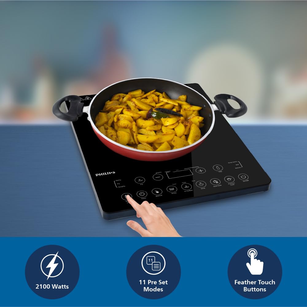 Philips HD4995/00 2100W Induction cooktop with soft touch panel | Fast Gas-Free Cooking | No LPG Required with 11 Preset Menus | 3yrs warranty on coil