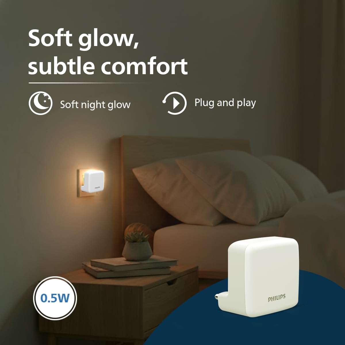 Philips LED SereneShine Plug-in Night Lamp 0.5W | Warm White LED Night Light | Soft Glare-Free Illumination | Energy Efficient | Ideal for Bedroom, Hallway & Kids Room | Pack of 2