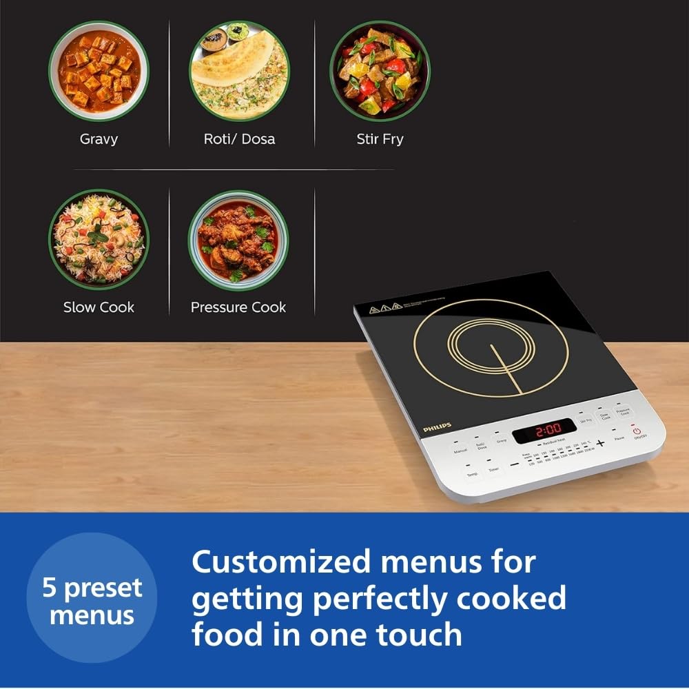 Philips Viva Collection HD4928/01 2100-Watt Induction Cooktop | Fast Gas-Free Cooking | No LPG Required | Preset Indian Menus | Crystal Glass Plate | Auto-Off | Black