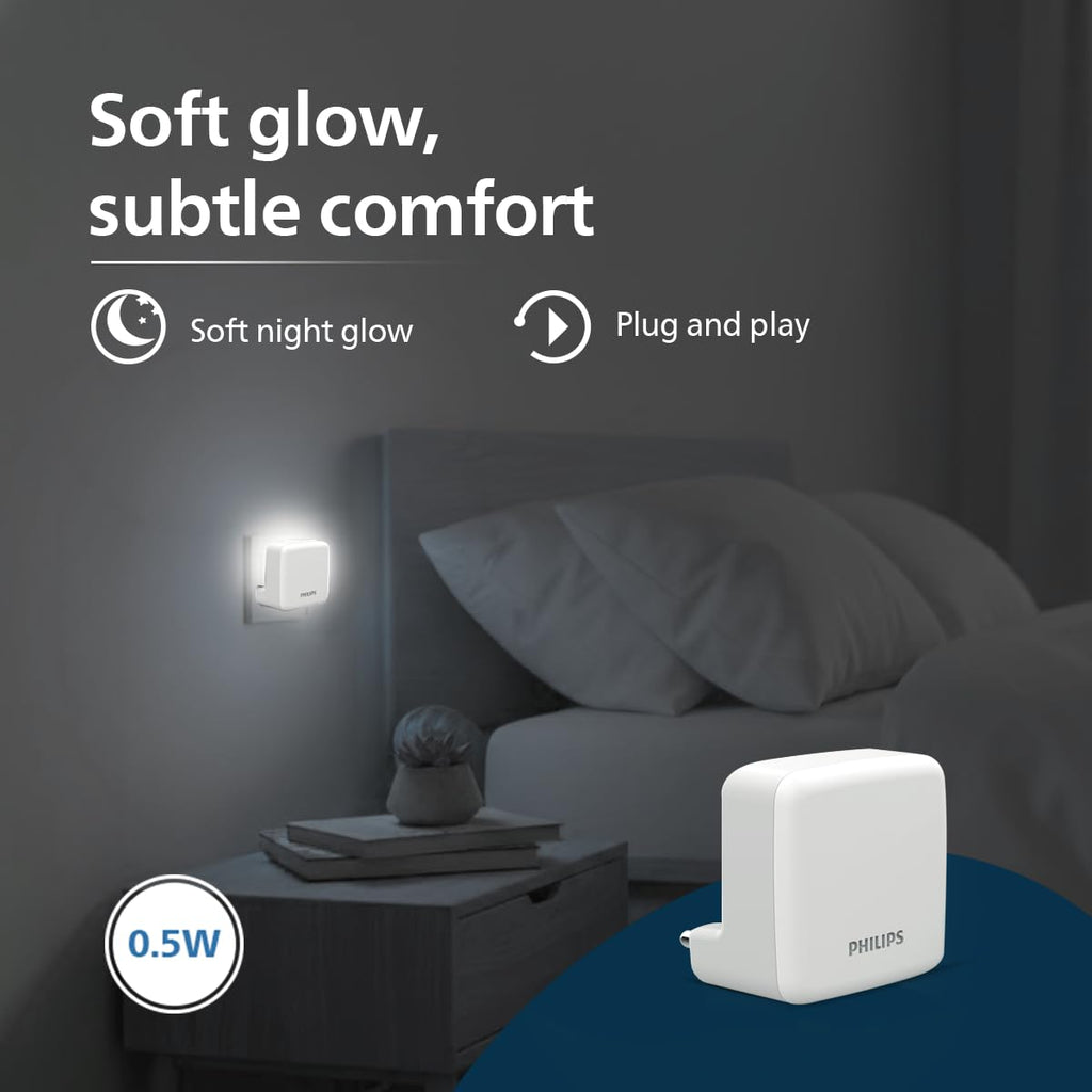 Philips LED SereneShine Plug-in Night Lamp 0.5W | Cool White LED Night Light | Soft Glare-Free Illumination | Energy Efficient | Ideal for Bedroom, Hallway & Kids Room | Pack of 1