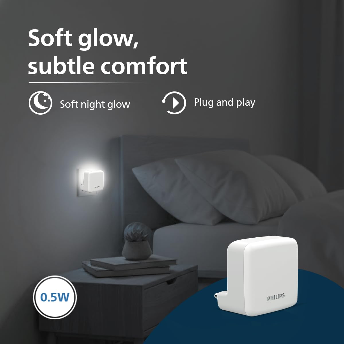 Philips LED SereneShine Plug-in Night Lamp 0.5W | Cool White LED Night Light | Soft Glare-Free Illumination | Energy Efficient | Ideal for Bedroom, Hallway & Kids Room | Pack of 1
