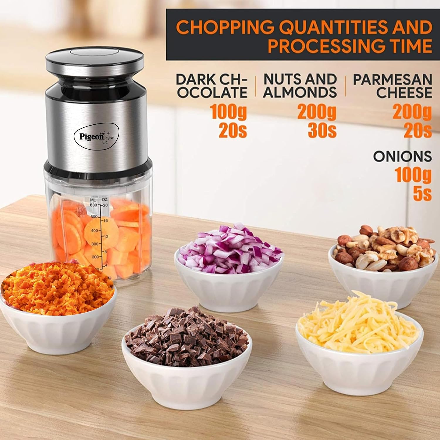Pigeon Ultra Fast Electric 300 Watts Electric Chopper For Kitchen, Twin Blade Technology, 600 Ml