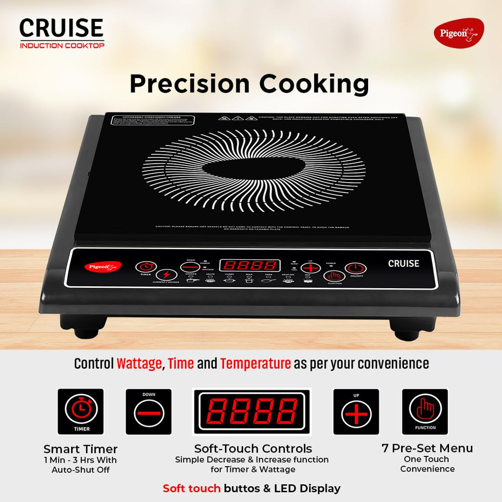 Pigeon by Stovekraft Cruise 1800 watt Induction Cooktop With Crystal Glass,7 Segments LED Display, Auto Switch Off - Black