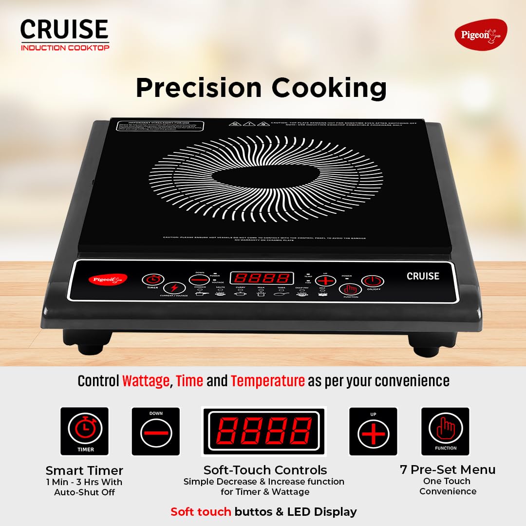 Pigeon by Stovekraft Cruise 1800 watt Induction Cooktop With Crystal Glass,7 Segments LED Display, Auto Switch Off - Black